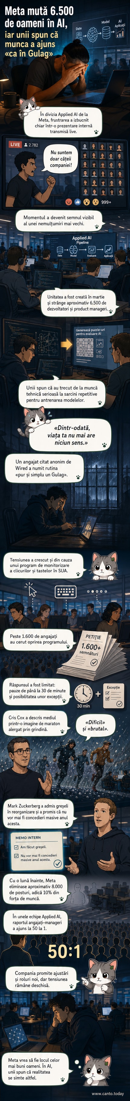 Ilustrație stilizată care arată un birou digital impersonal, cu angajați reprezentați ca siluete în fața unui server mare marcat cu logo-ul Meta și simboluri de inteligență artificială, într-un cadru tensionat, cu cuvântul „Gulag” proiectat pe un ecran.