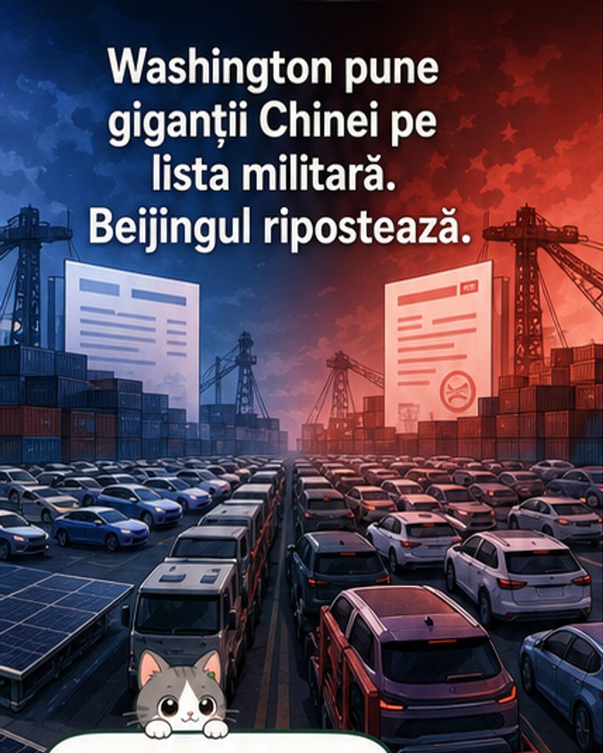 Ilustrație cu reprezentanți ai Pentagonului și Beijingului în fața unei liste cu numele companiilor Alibaba, Baidu și BYD, cu simboluri de avertizare militare.