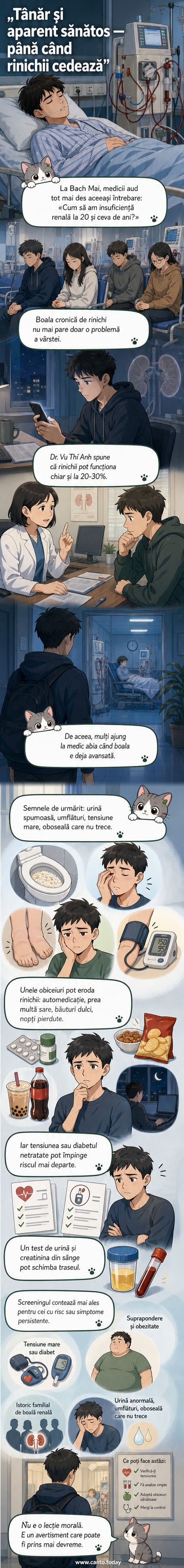 Ilustrație cu un tânăr stând lângă un aparat de dializă într-un spital din Vietnam, cu expresia de nedumerire pe față.