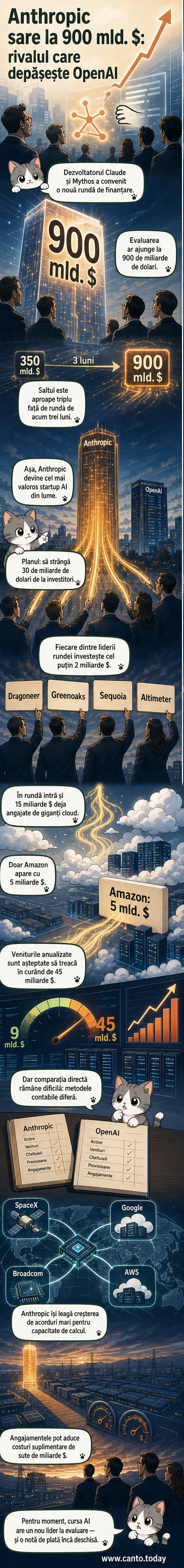 Ilustrație care compară evaluarea explozivă a startup-ului Anthropic cu cea a OpenAI, în contextul cursei pentru liderarea în inteligența artificială