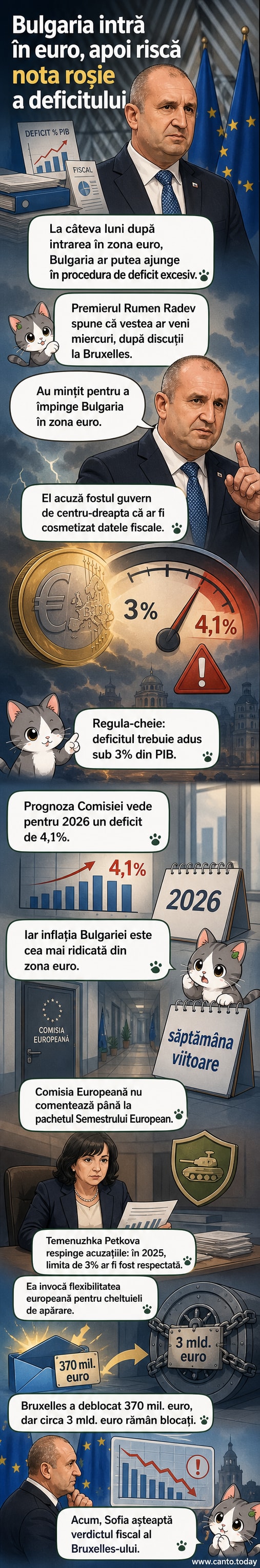 Ilustrație cu harta Bulgariei și simbolul euro, supravegheată de un indicator roșu de deficit bugetar