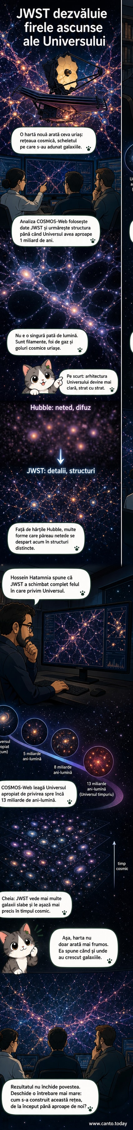 O reprezentare artistică a rețelei cosmice de galaxii, cu filamente de materie întunecată vizualizate ca fire subțiri care conectează grupuri de stele și galaxii, observate de telescopul James Webb.