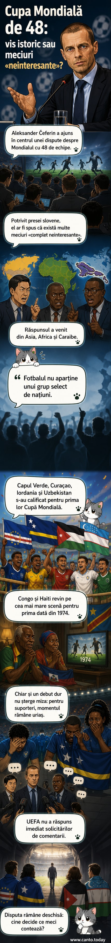 Ilustrație cu un arbitru care ridică o steagă cu drapeluri din întreaga lume, în timp ce un jucător dintr-o echipă mică privește cu mândrie, în fundal un stadion plin.