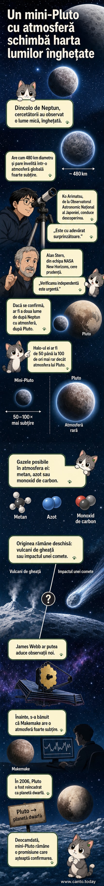 Ilustrație a unui mic obiect sferic înghețat, cu o atmosferă subțire vizibilă ca un strat albăstrui, plutind în spațiul întunecat dincolo de orbita lui Neptun, cu stelele în fundal.