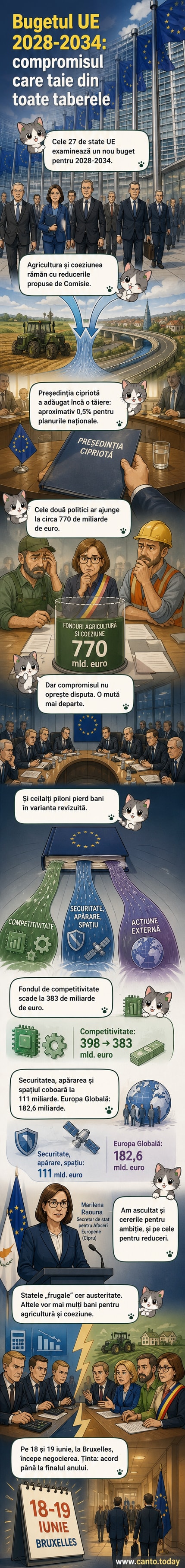 Ilustrație cu harta UE și simboluri pentru bani, agricultură și coeziune, cu săgeți în scădere