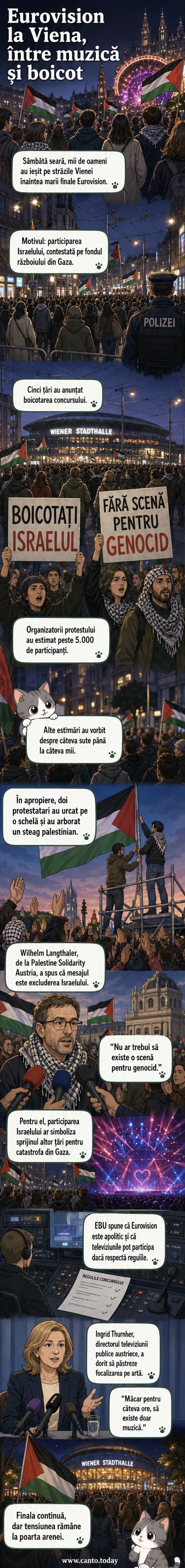 Mulțime protestând în fața unei clădiri din Viena, cu pancarte și steaguri palestiniene, înainte de finala Eurovision 2026.