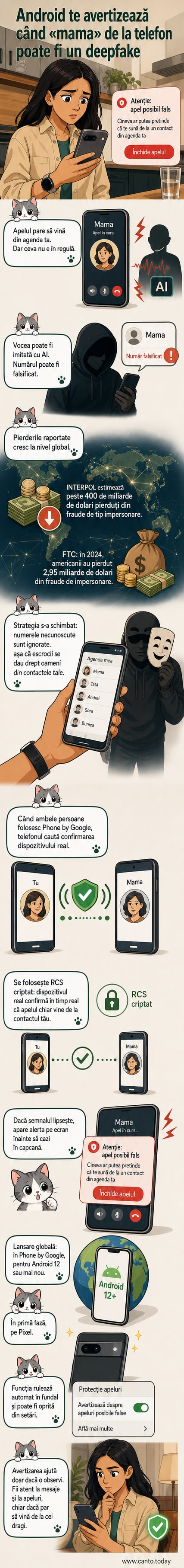 Ilustrație cu un telefon care primește un apel etichetat ca fals, cu o voce AI care imită pe mama utilizatorului, în timp ce Google Phone verifică autenticitatea apelului.