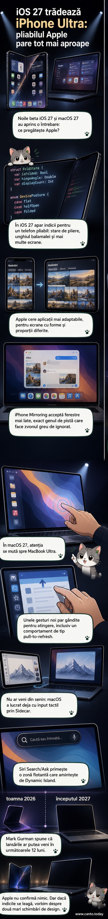 Ilustrație stilizată a unui iPhone pliabil și a unui MacBook cu ecran tactil, cu interfața iOS 27 și macOS 27 vizibilă pe ecrane.