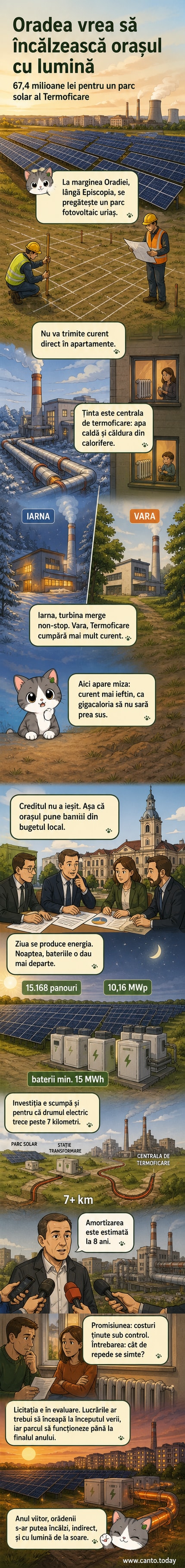 Ilustrație webtoon: un parc solar vast la marginea Oradiei, cu panouri fotovoltaice care alimentează o centrală termică, în timp ce orașul se încălzește din energie solară stocată în baterii.