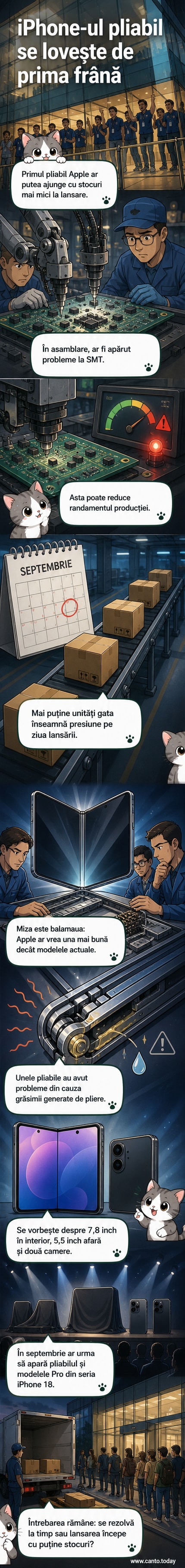 Ilustrație care reprezintă un iPhone pliabil cu ecran deschis, lângă o linie de asamblare robotică, cu un semn de avertizare pe placa de circuite