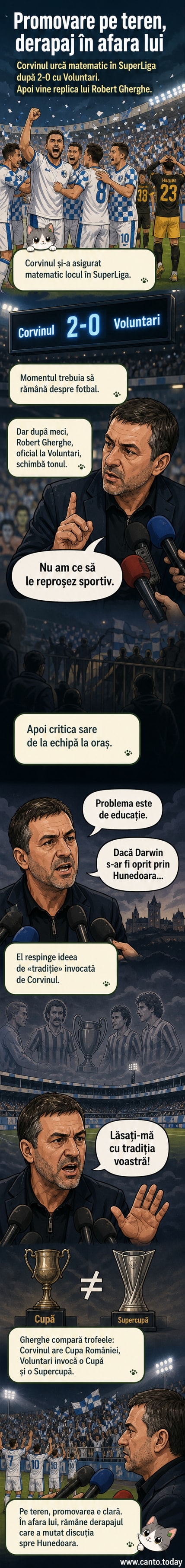 Ilustrație stilizată cu un oficial de la Voluntari vorbind în fața unui stadion din Hunedoara, cu o caricatură a lui Darwin uitându-se derutat la un semn de intrare în oraș.