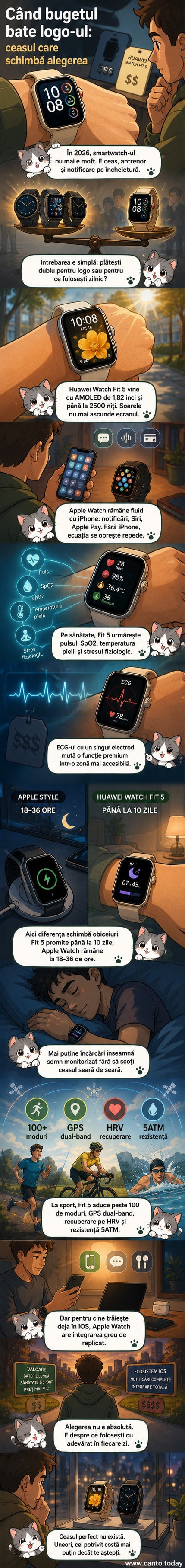 Două smartwatch-uri alăturate: un Huawei Watch Fit 5 cu ecran luminos și un Apple Watch cu fundal alb, pe un fundal care sugerează o alegere între tehnologie și stil de viață.