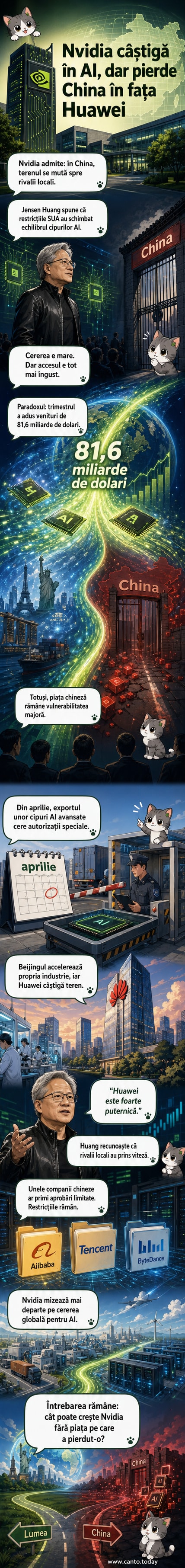 Ilustrație care arată un cip Nvidia într-un colț și un cip Huawei în celălalt, cu o hartă a Chinei între ele, simbolizând schimbarea echilibrului de putere în industria semiconductoarelor.