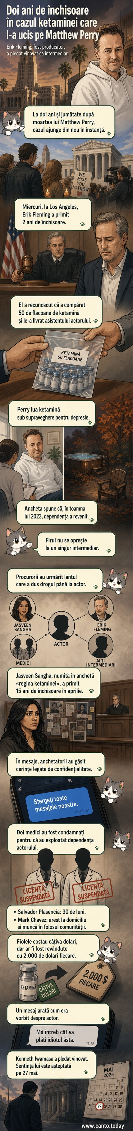 Ilustrație stilizată a unui tribunal, cu silueta unui bărbat în costum în fața judecătorului, în fundal un afiș cu chipul lui Matthew Perry.