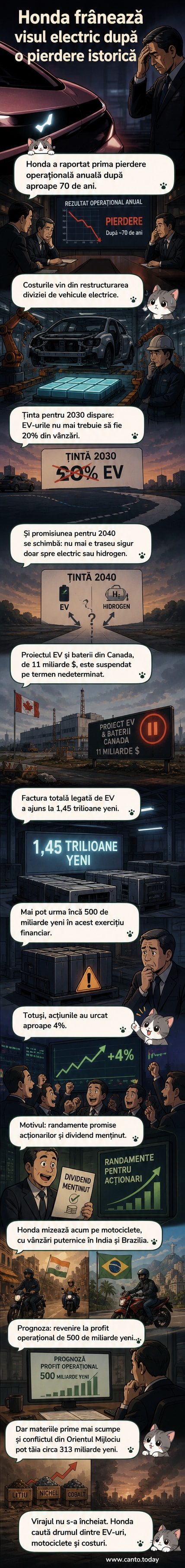 Ilustrație a unui logo Honda lângă o mașină electrică abandonată, cu un grafic în scădere în fundal.