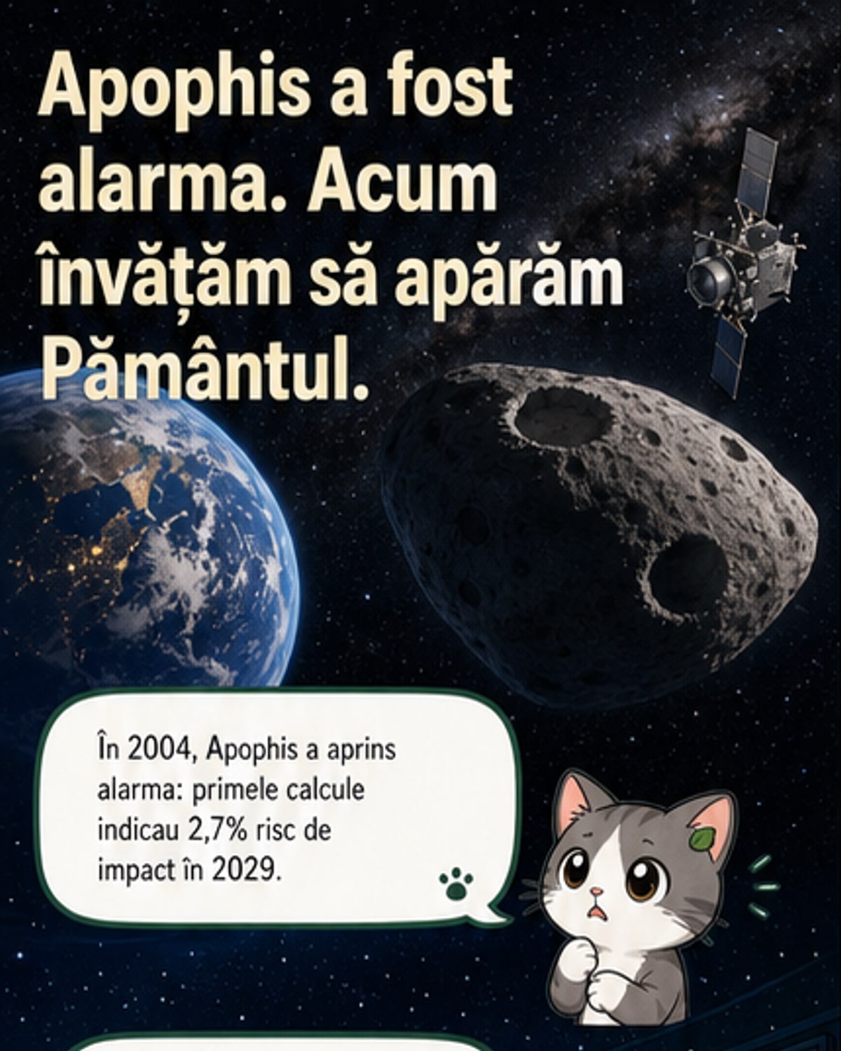 Ilustrație a asteroidului Apophis trecând aproape de Pământ, cu sateliți în prim-plan și o misiune spațială în urmărire.