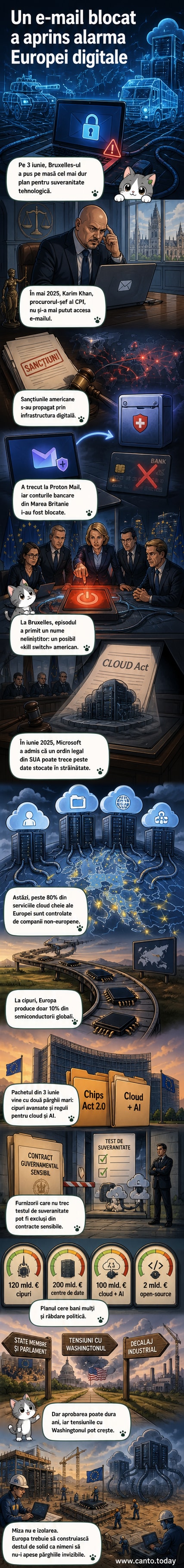 Ilustrație cu harta Europei construind propriile servere și cipuri, în timp ce un cablu transatlantic este tăiat simbolic.