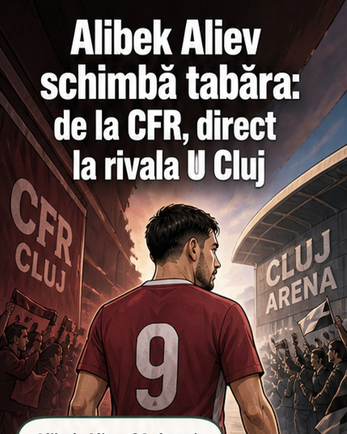 Alibek Aliev în tricoul nou al Universității Cluj, în timpul ședinței foto oficiale, pe fundalul Cluj Arena
