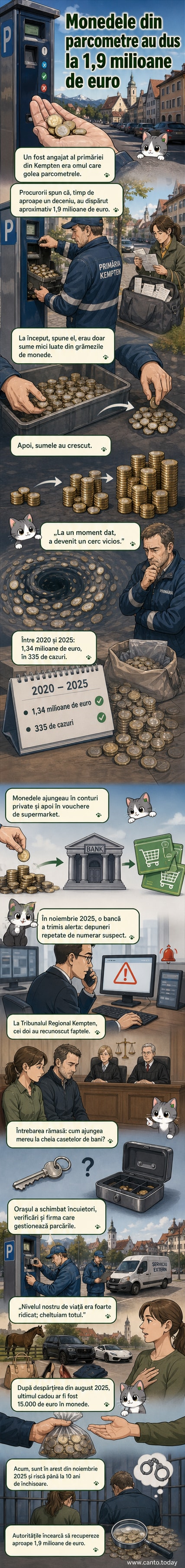 Două siluete de spate, un bărbat și o femeie, stau lângă un parcometru dintr-un oraș german, cu o sumă mare de monede în mână, sub un cer senin.