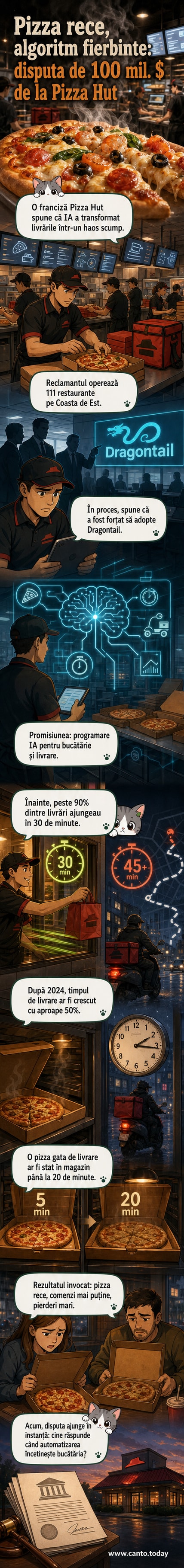 Ilustrație cu o pizza rece lângă un laptop care afișează cod AI, simbolizând eșecul unui sistem de gestionare bazat pe inteligență artificială într-o franciză Pizza Hut.