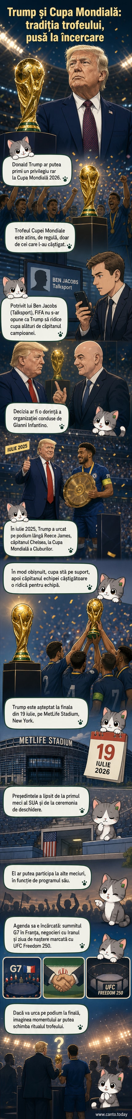 Ilustrație cu Donald Trump alături de un căpitan de echipă, ridicând trofeul Cupei Mondiale pe un stadion plin.