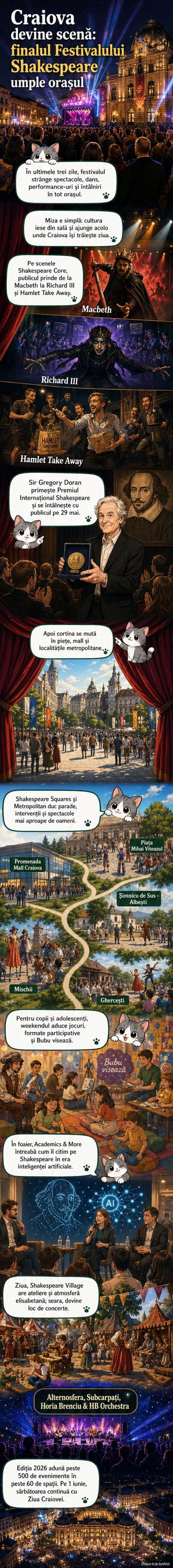 Ilustrație webtoon cu scene din Festivalul Shakespeare 2026: actori în costume elisabetane pe scenă, public în piețe, concerte în aer liber și copii participând la ateliere culturale în Craiova.