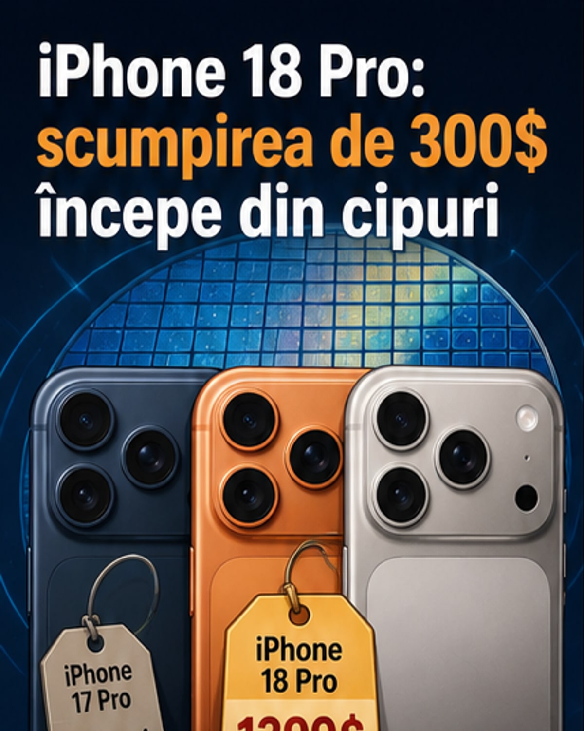 Ilustrație stilizată a unui iPhone 18 Pro cu etichetă de preț de 1.399 dolari, alături de componente electronice cu prețuri crescute evidențiate