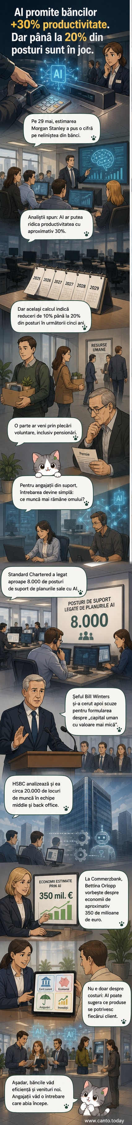Ilustrație cu un robot analizând dosare bancare într-un birou modern, în timp ce angajați umani părăsesc clădirea.
