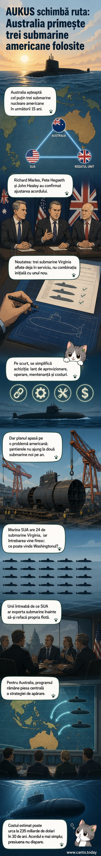 Ilustrație a unui submarin nuclear american din clasa Virginia navigând în apele din apropierea Australiei, cu drapelurile SUA, Marii Britanii și Australiei în fundal, simbolizând parteneriatul AUKUS.
