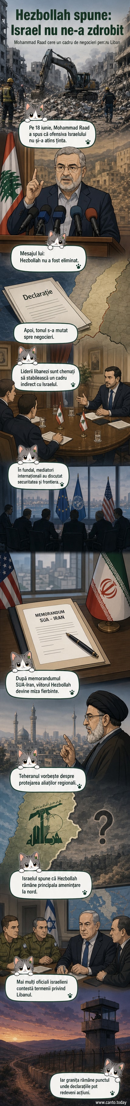 Ilustrație reprezentând un lider Hezbollah vorbind în fața unui fundal cu harta Libanului și simboluri militare, cu un mesaj despre eșecul campaniei israeliene.