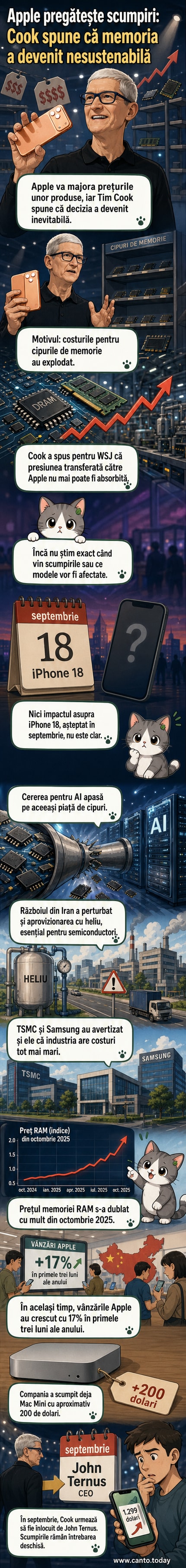 Ilustrare care arată un iPhone cu săgeți de creștere în preț, înconjurat de cipuri de memorie și simboluri de inflație.