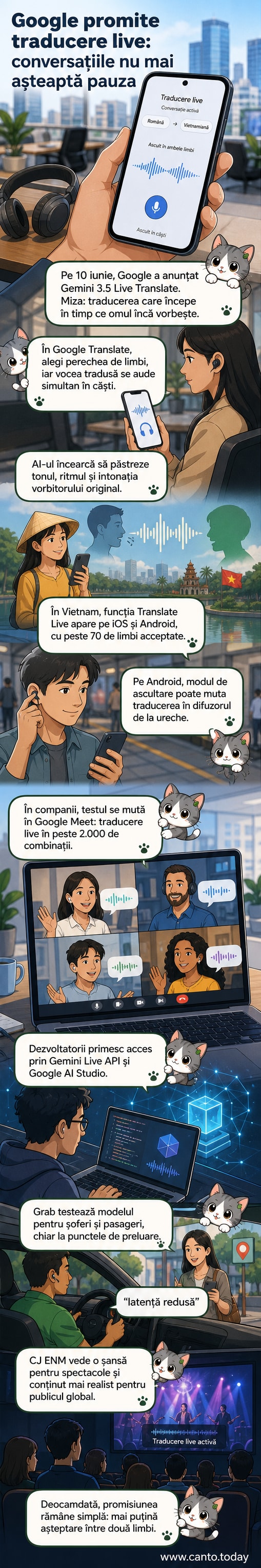 Interfața aplicației Google Translate cu funcția Live Translation activată, afișând traducerea simultană a unei conversații vocale.