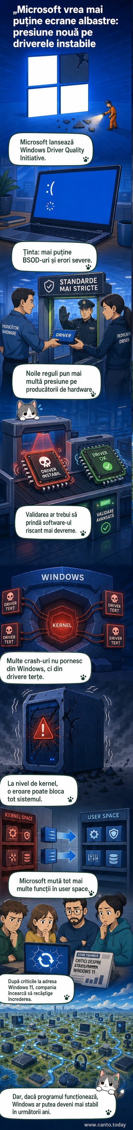 Ilustrație care arată un ecran albastru de eroare (BSOD) al lui Windows, cu un driver defect evidențiat ca sursă a problemei, în timp ce Microsoft implementează noi măsuri de verificare.