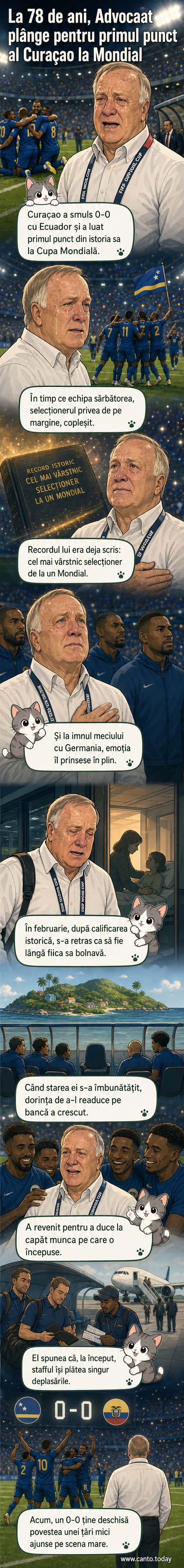 Dick Advocaat, antrenorul echipei Curacao, stă emoționat pe marginea terenului, cu lacrimi în ochi, după remiza istorică de la CM 2026.