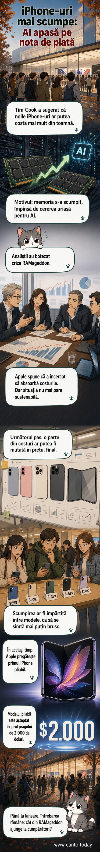 Ilustrație cu un iPhone pliabil deschis, afișând interfața iOS, lângă un grafic cu tendința ascendentă a prețurilor memoriilor RAM