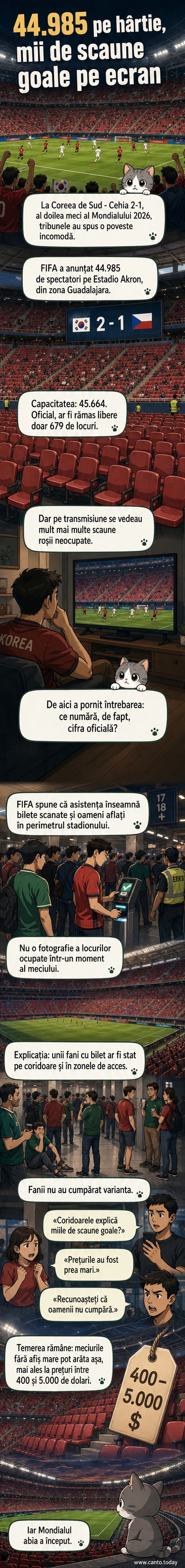 Imagine de la meciul Coreea de Sud - Cehia de la Mondialul 2026, cu tribune semideșarte într-un stadion declarat aproape plin de FIFA.