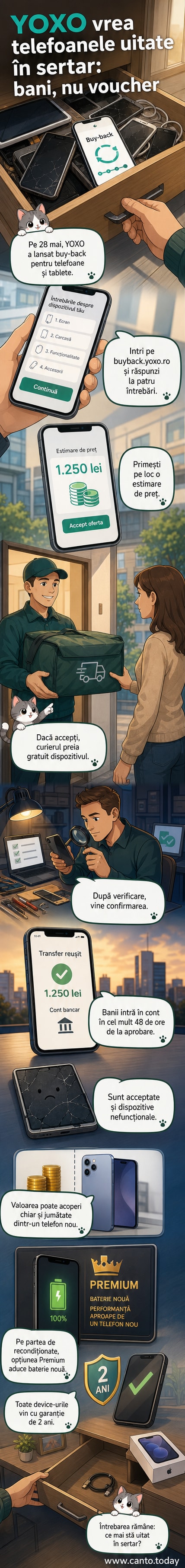 Ilustrație cu un telefon vechi transformat în bani, cu logo-ul YOXO și Recommerce