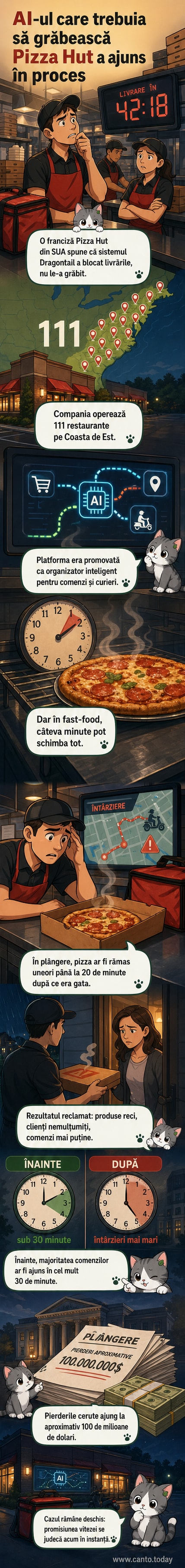 Ilustrație a unui robot livrând o pizza, dar cutia e deschisă și pizza e rece, cu un ceas care arată întârziere.