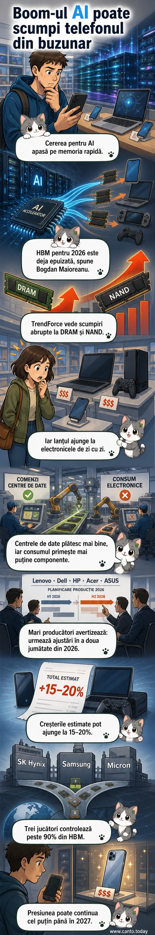 Ilustrație care arată un telefon, un laptop și o consolă de jocuri cu prețuri în creștere, într-un context de centre de date AI care consumă resurse de memorie.