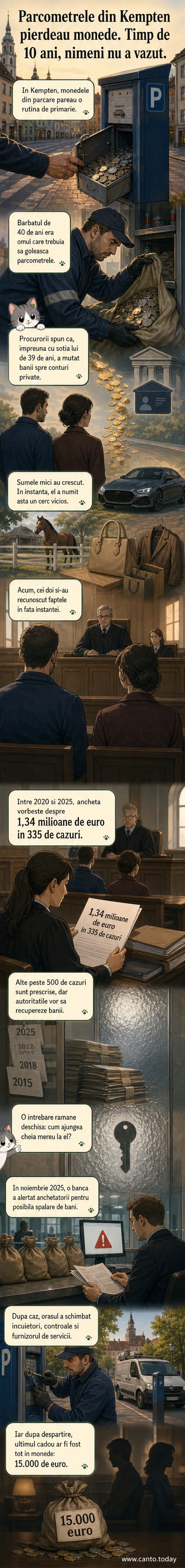 Ilustrație a unui cuplu deschizând un parcometru cu o cheie, în timp ce băncile de monede se scurg într-un sac marcat cu simbolul euro.