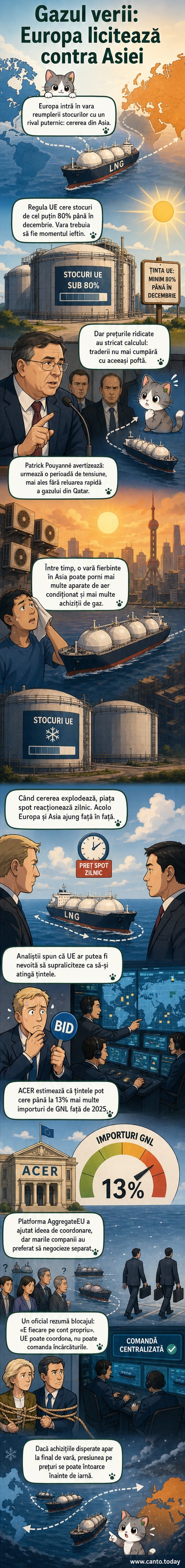 Ilustrație cu două continente, Europa și Asia, în competiție pentru nave de transport GNL, cu grafice de prețuri în fundal.