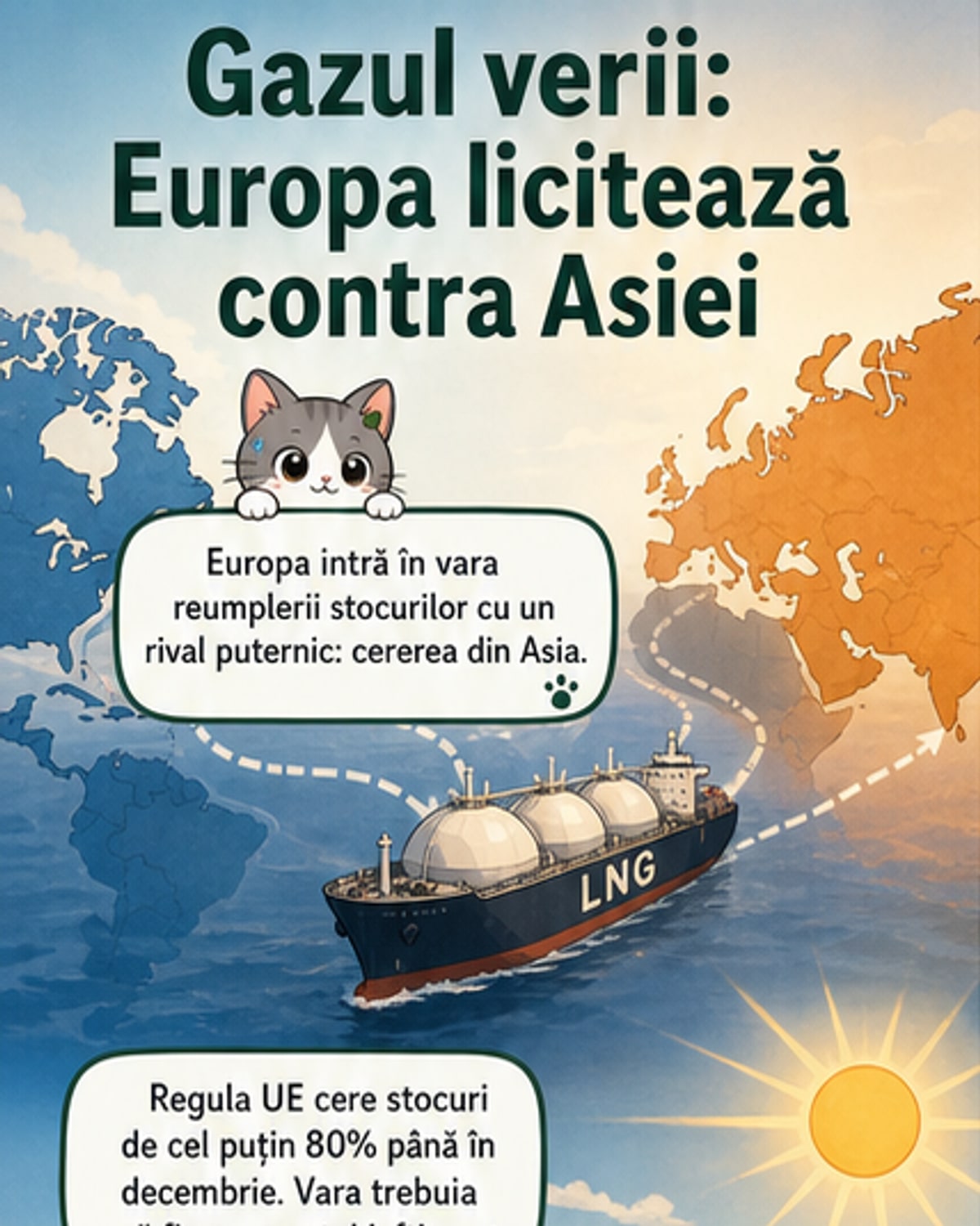 Ilustrație cu două continente, Europa și Asia, în competiție pentru nave de transport GNL, cu grafice de prețuri în fundal.