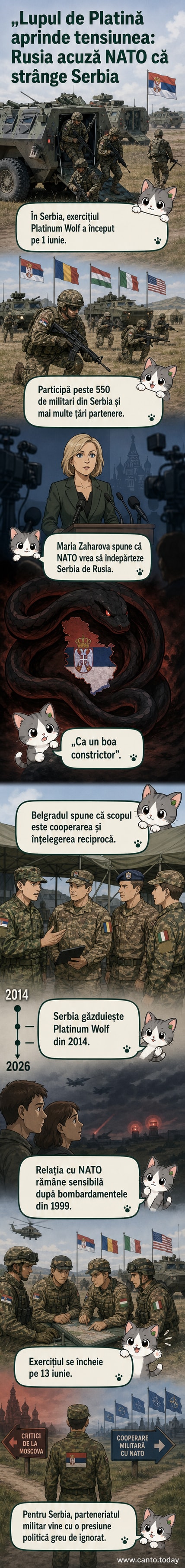 Ilustrație cu un boa constrictor înconjurând o hartă a Balcanilor, cu militari din România și alte țări NATO în fundal.