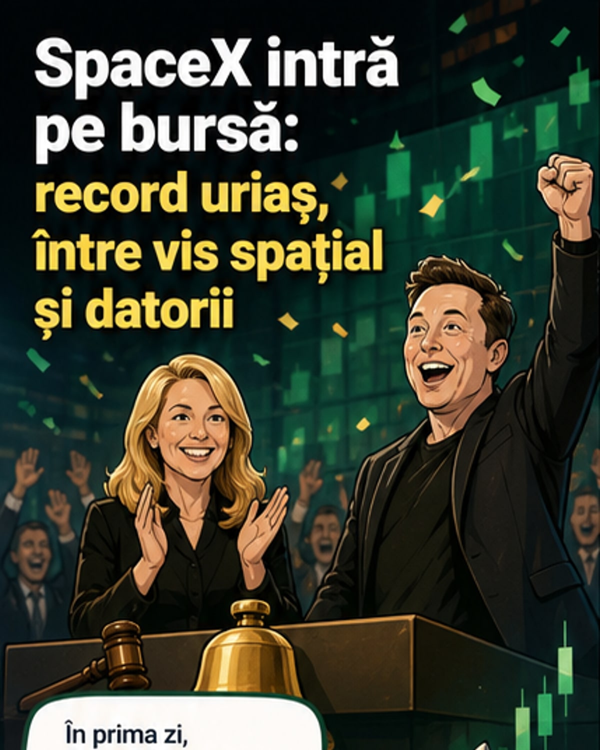 Ilustrație webtoon cu racheta SpaceX lansând sateliți în orbită, în fundal un grafic care arată creșterea capitalizării bursiere până la 2.100 miliarde dolari.