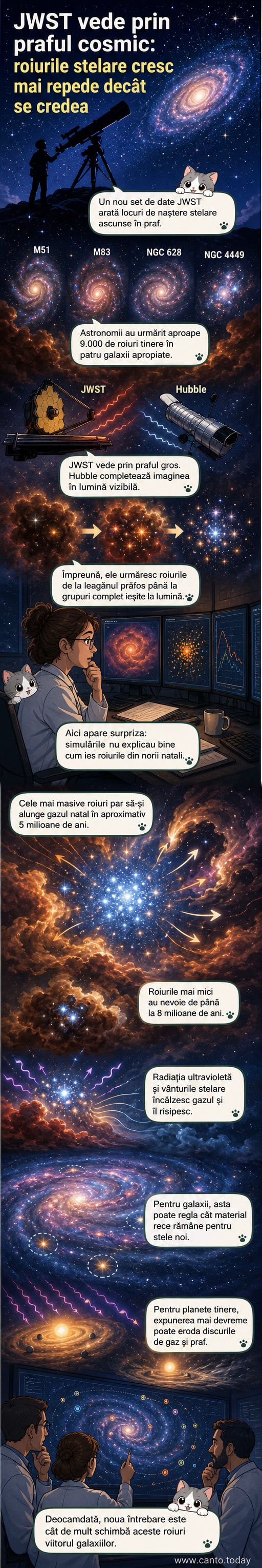 Imagine ilustrativă a unui roi stelar tânăr într-o galaxie spirală, cu nori de gaz strălucitori, stele noi născute și fluvii de praf cosmic, observate de JWST și Hubble.