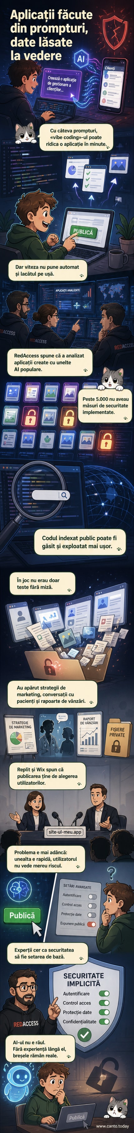 Un ecran de computer arată cod sursă expus public, cu avertizări de securitate și date sensibile evidențiate, într-un decor de birou modern.