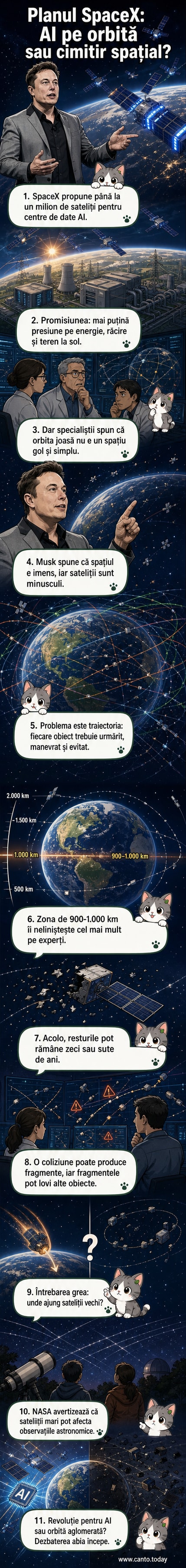 Ilustrație a unei orbite în jurul Pământului aglomerată cu sateliți, în contrast cu o zonă curată, cu telescoape și semne de avertizare.