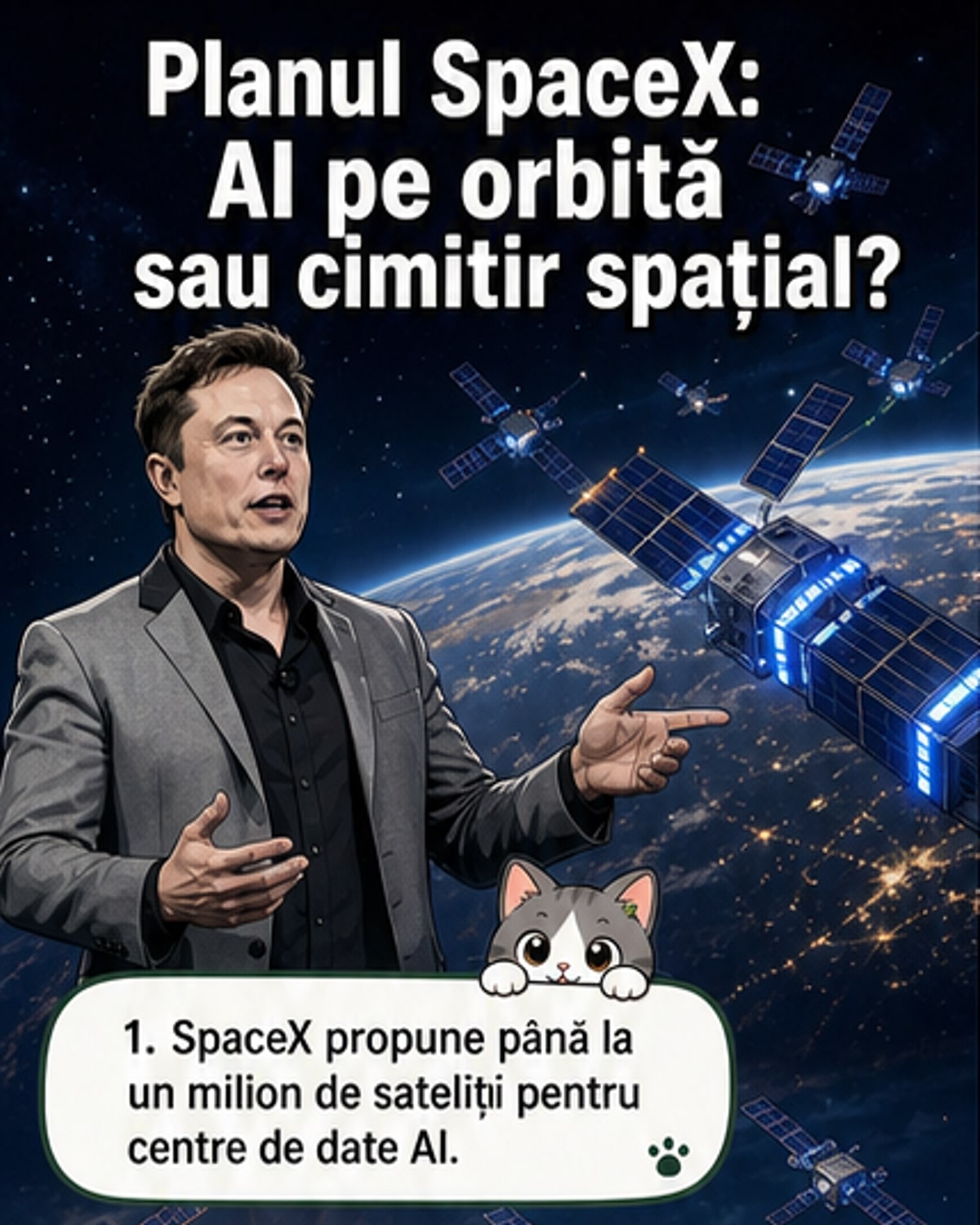 Ilustrație a unei orbite în jurul Pământului aglomerată cu sateliți, în contrast cu o zonă curată, cu telescoape și semne de avertizare.