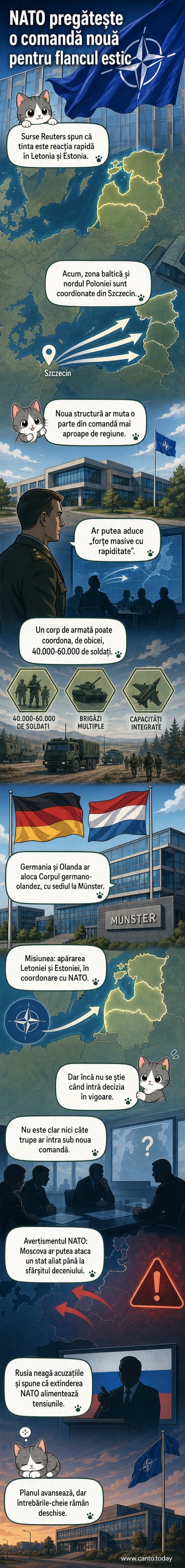 Hartă schematică a flancului estic al NATO, cu indicații pentru Letonia, Estonia și Polonia, și simboluri pentru trupe și comenzi militare.