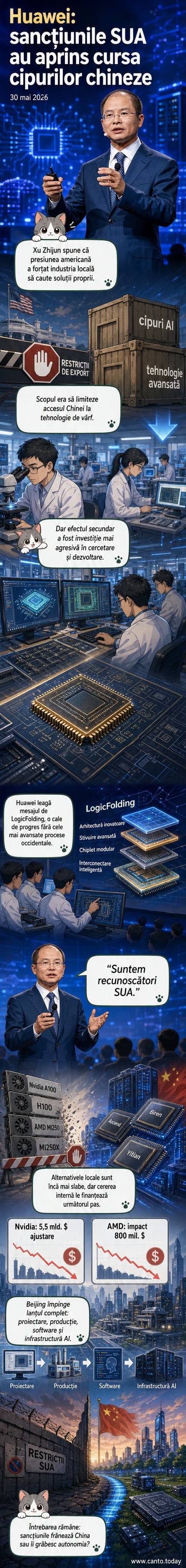 Ilustrație care arată un cip chinezesc crescând din umbra unui cip american blocat, simbolizând cum sancțiunile au stimulat inovarea locală.